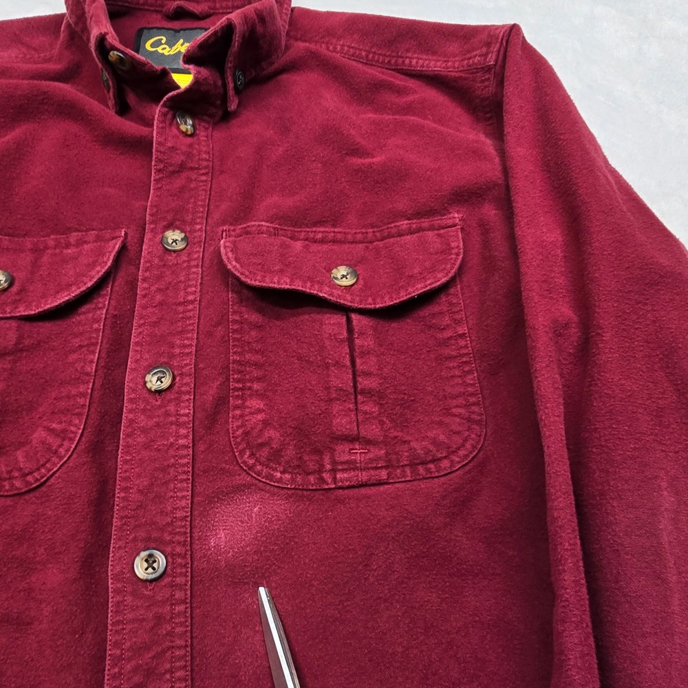 Cabela's Flannel Shirt Mens Medium Burgundy‎ Red Button Long Sleeve Cotton WORK - Picture 6 of 11